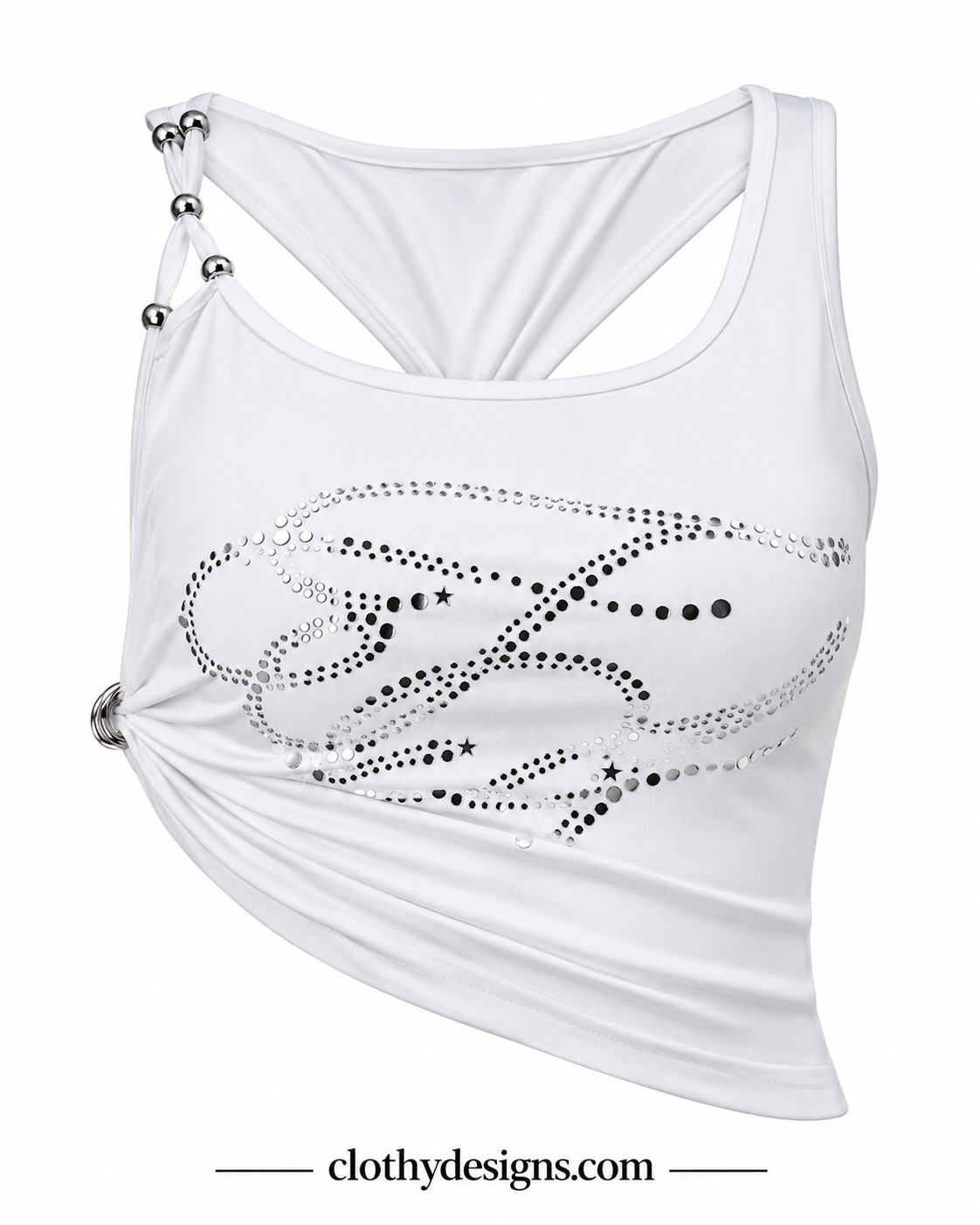 Women’s White Y2K Crop Tank Top – Beaded Straps, Side-Tie Backless Design & Asymmetric Print, Sleeveless Summer Going-Out Top